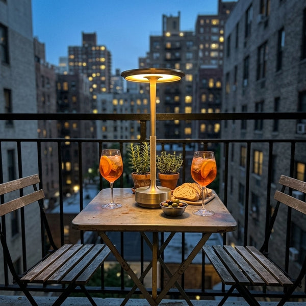 City balcony bistro table lit warmly by a gold Eclara Ilumina cordless lamp with the skyline behind