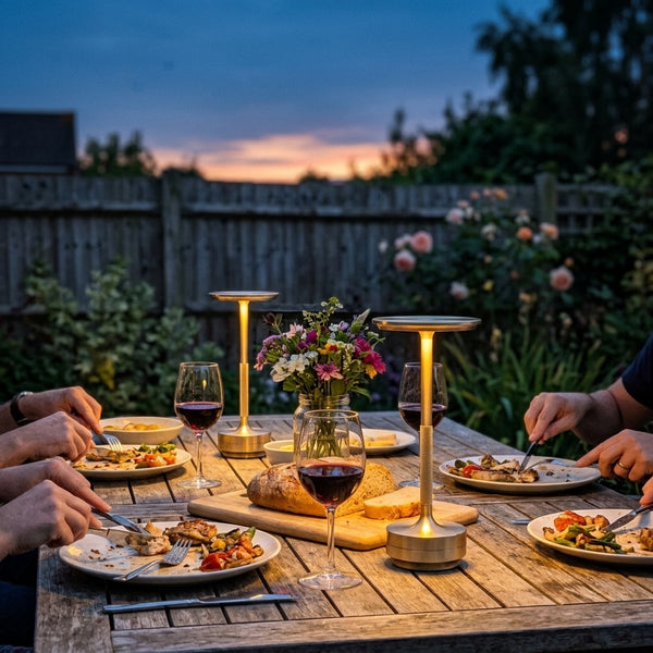 Same garden dinner table lit warmly by two gold Eclara Ilumina cordless table lamps at dusk