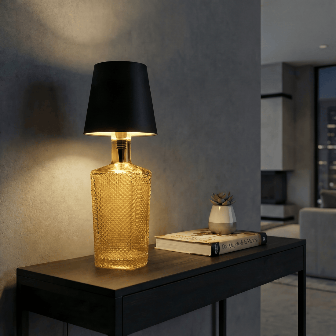 ECLARA Bodega cordless bottle lamp on an outdoor table at dusk