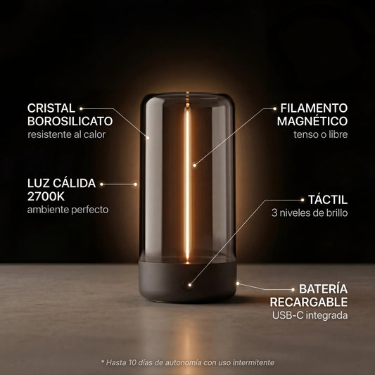 ECLARA Filum cordless lamp glowing softly on a bedside table