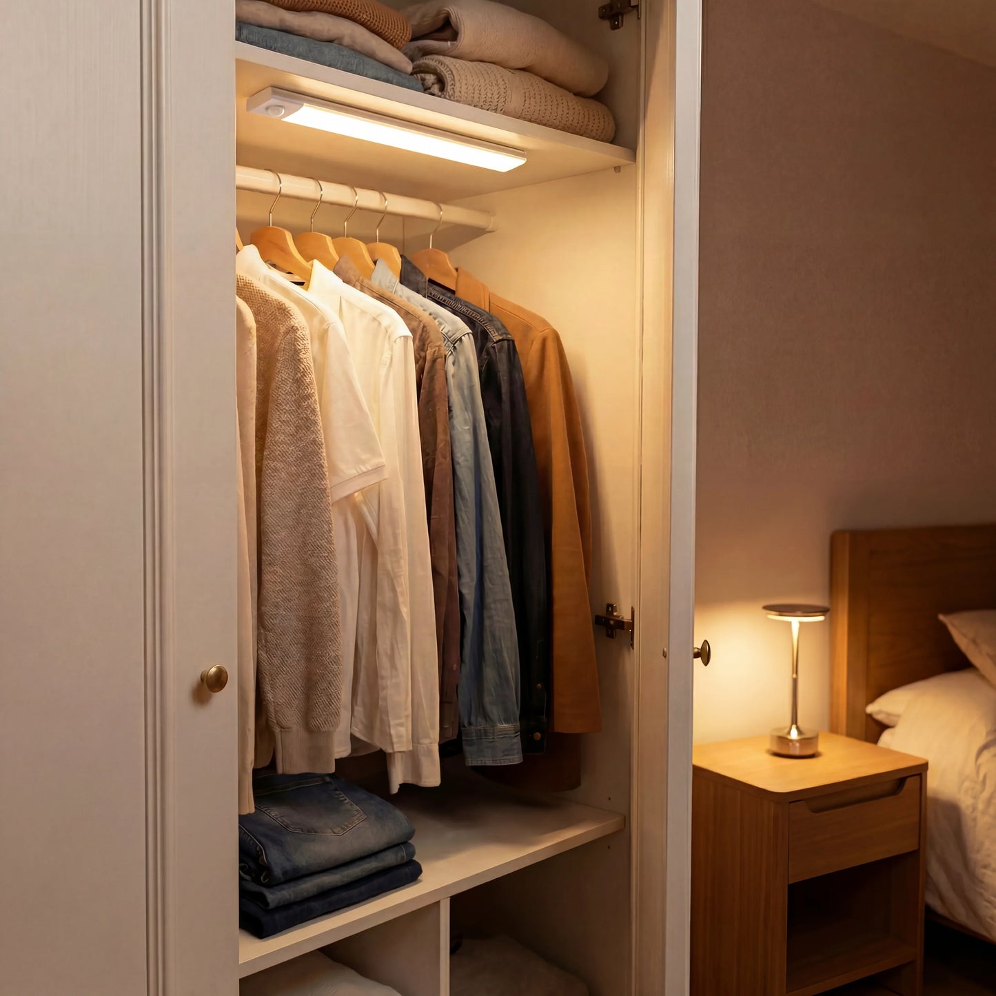 ECLARA LED bar installed in a wardrobe lighting shirts and jeans, cordless rechargeable bedroom lamp