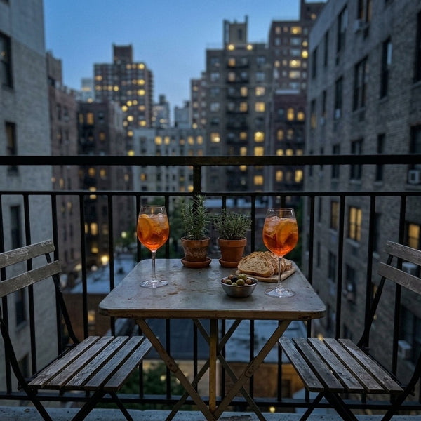 Small city balcony bistro table at blue hour looking dim before an Eclara Ilumina cordless lamp