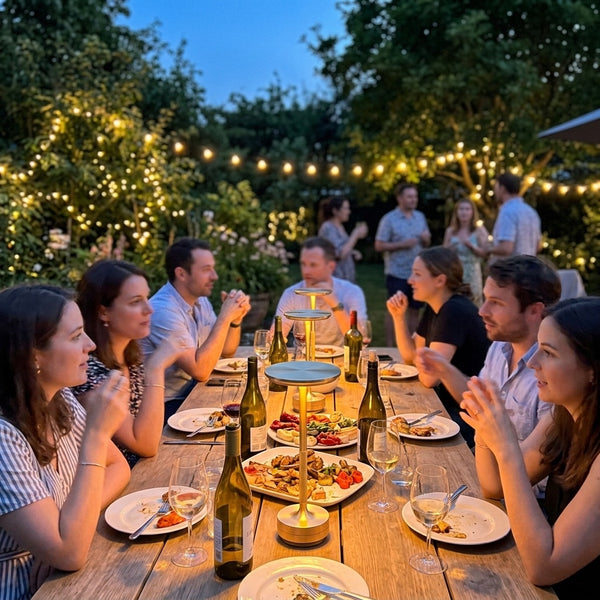 Long garden party table with friends lit warmly by a row of gold Eclara Ilumina cordless lamps