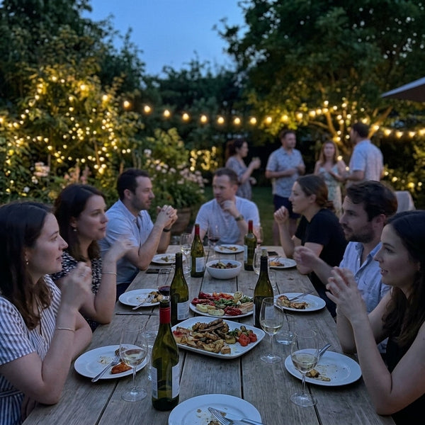 Long garden party table at dusk lit only by string lights and dim before Eclara Ilumina cordless lamps