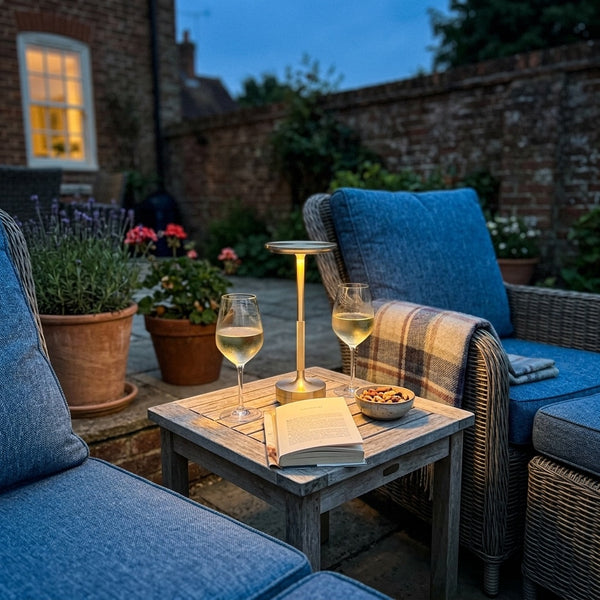 Patio side table glowing warm with a gold Eclara Ilumina cordless lamp in the evening