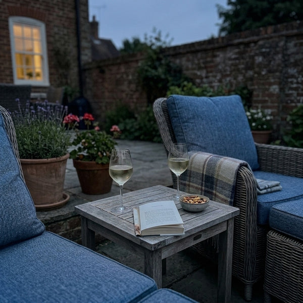 Patio lounge area at dusk looking dull and dim before an Eclara Ilumina cordless lamp