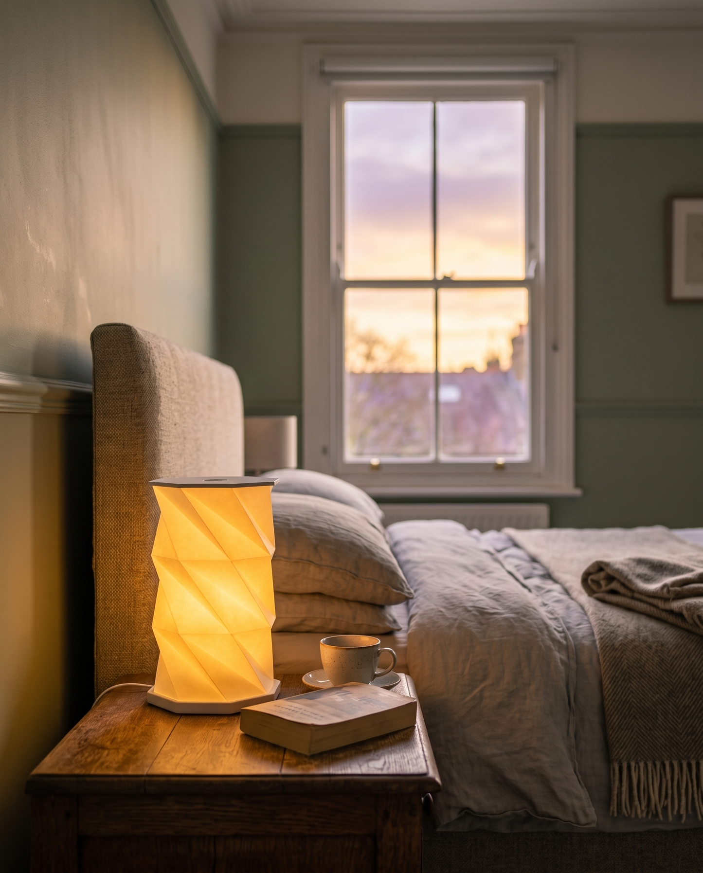 Lumina Fold origami table lamp glowing warm on a bedside table in a cosy British bedroom