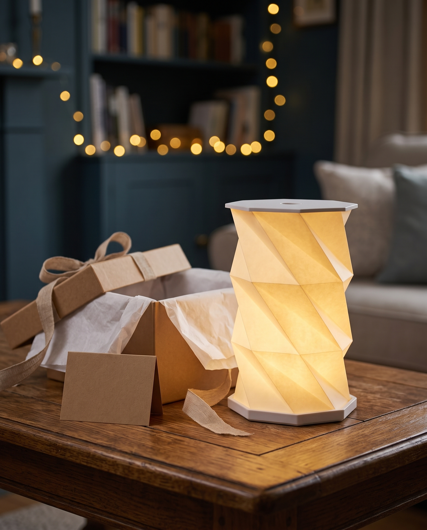 Lumina Fold lamp presented as a gift beside a kraft gift box