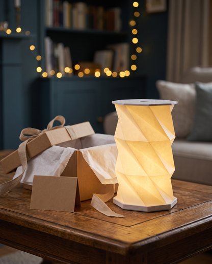 Lumina Fold lamp presented as a gift beside a kraft gift box