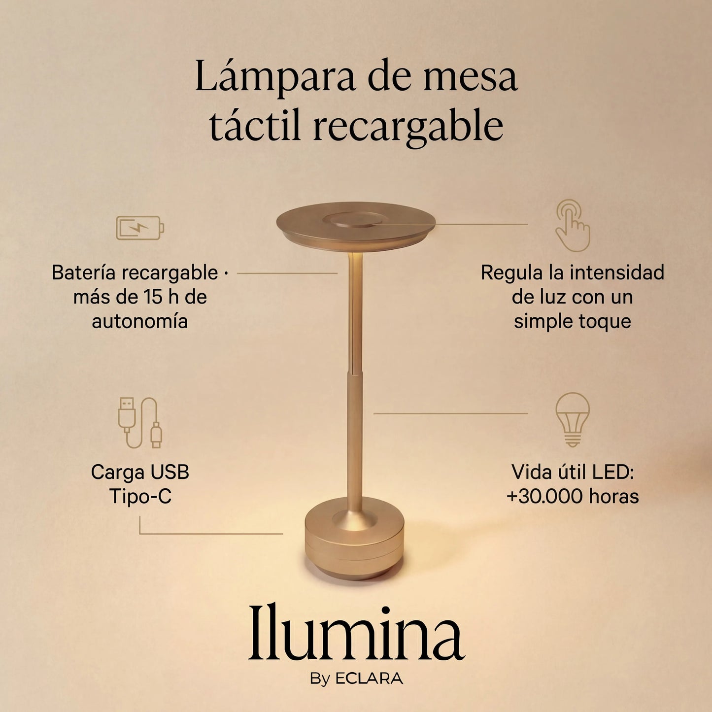 Eclara Ilumina rechargeable touch table lamp in gold, over 15 hours of battery life, USB-C charging and 30,000-hour LED lifespan