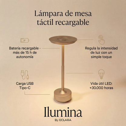 Eclara Ilumina rechargeable touch table lamp in gold, over 15 hours of battery life, USB-C charging and 30,000-hour LED lifespan