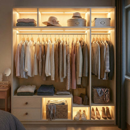 ECLARA LED bar installed in a wardrobe lighting shirts and jeans, cordless rechargeable bedroom lamp